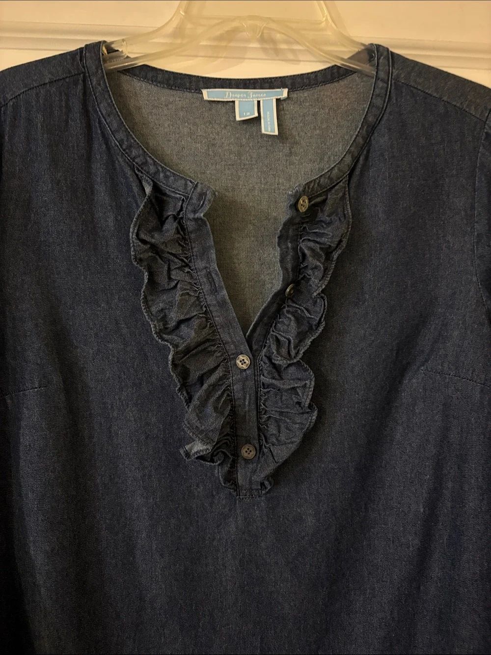 DRAPER JAMES CHAMBRAY RUFFLE SHIFT DRESS - Picture 6 of 9